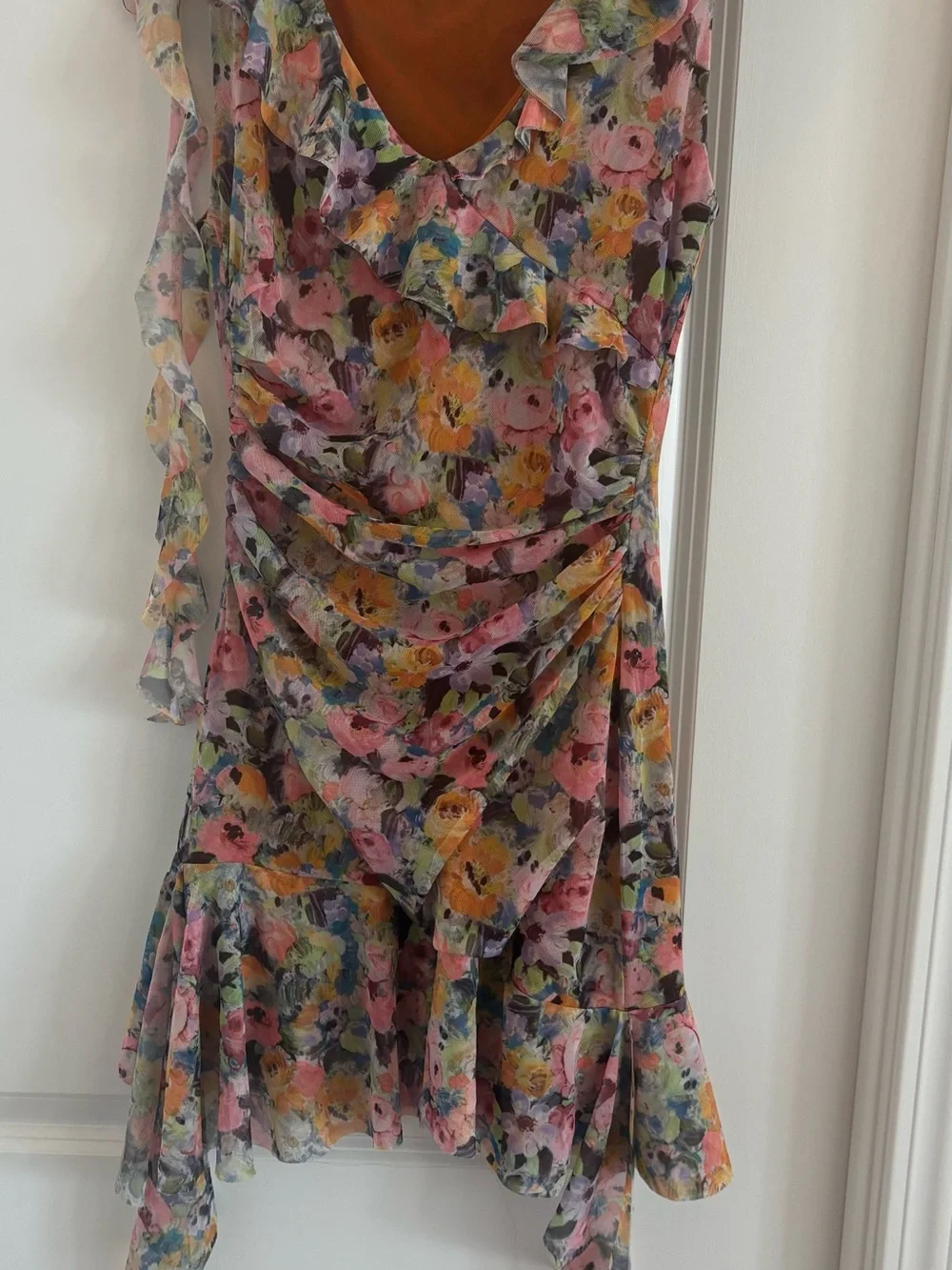 Zara Floral Ruched Asymmetrical Mini Dress Size Medium - Picture 5 of 9